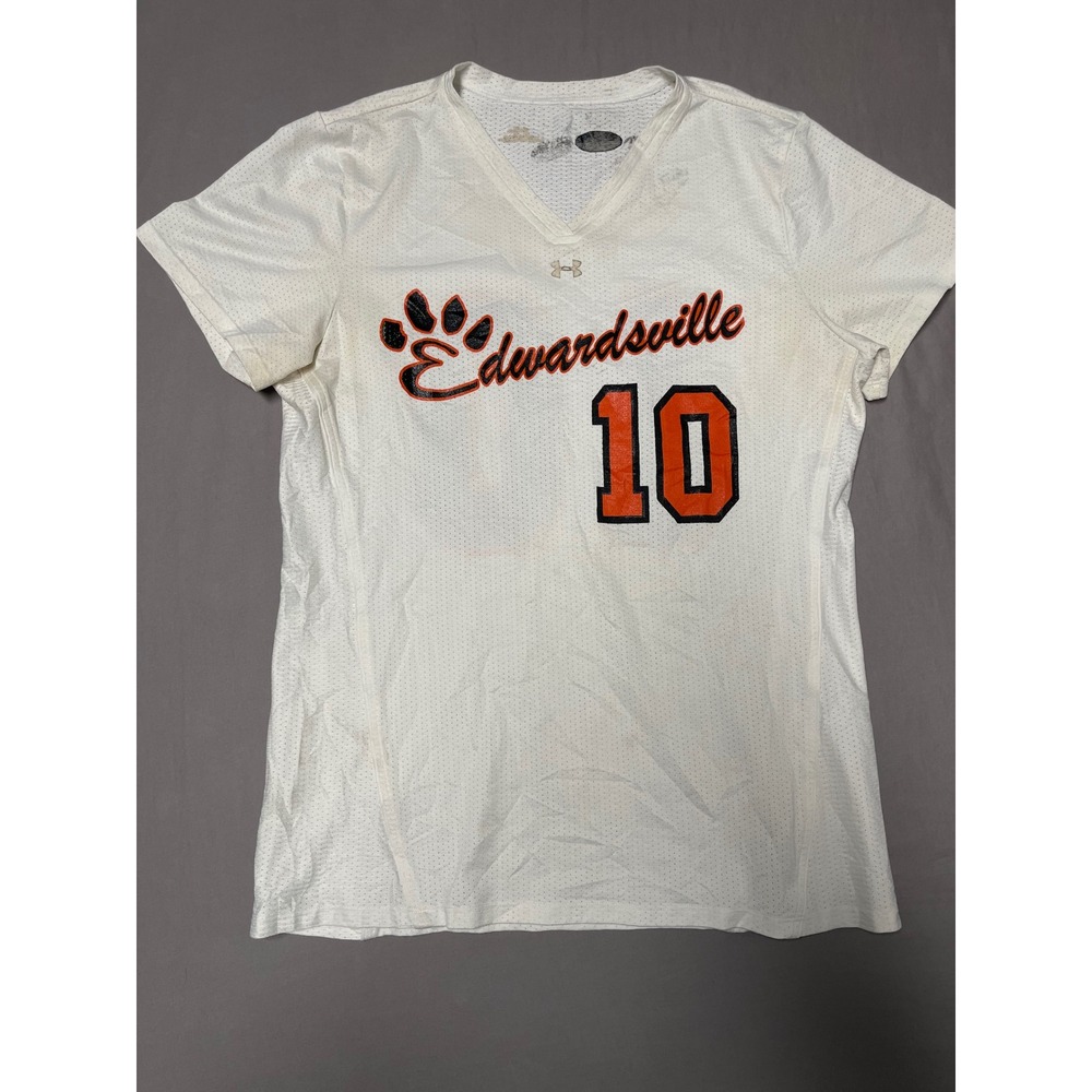 Under Armour Edwardsville Tigers 10 Jersey White Mesh V-Neck Shirt Womens Small